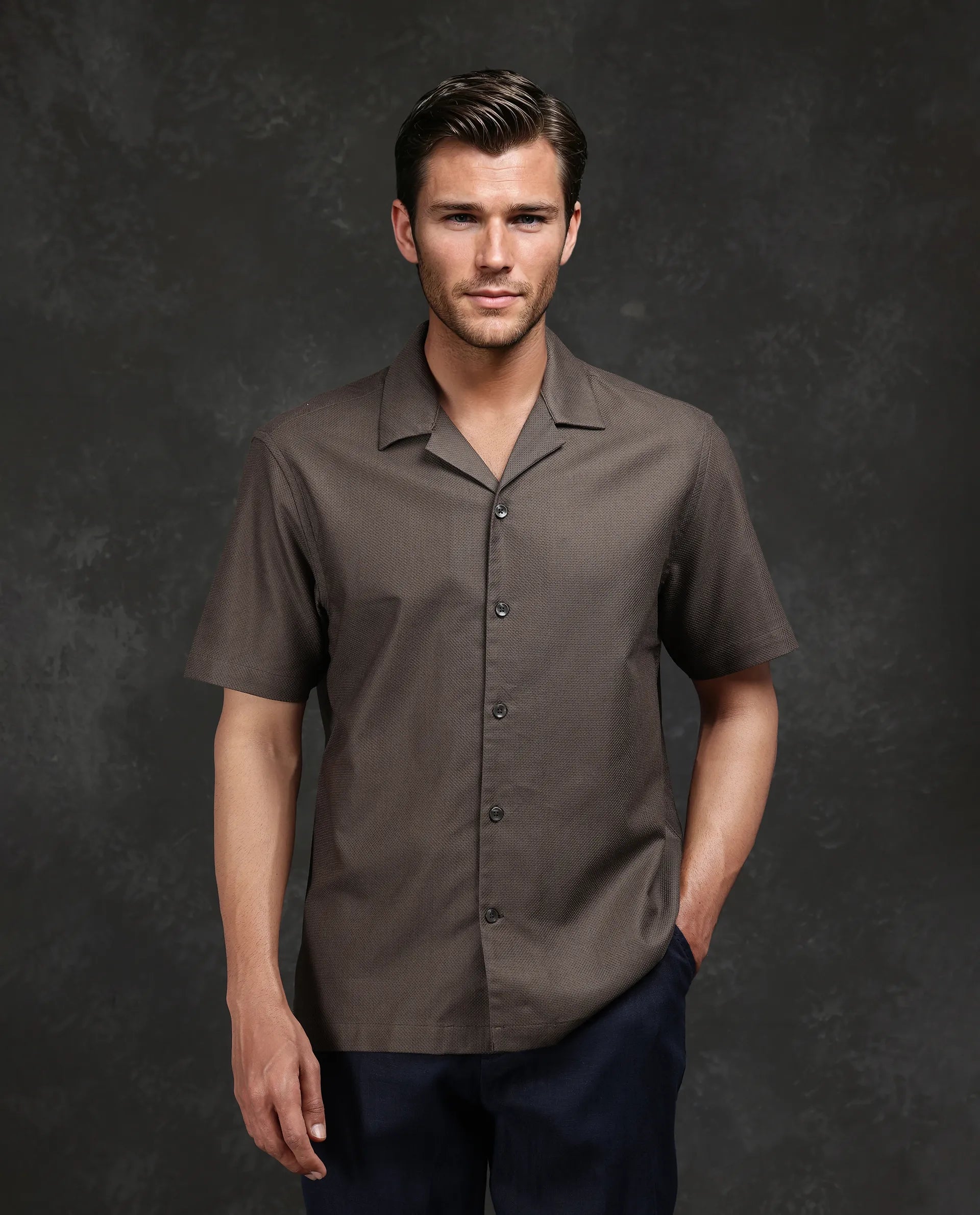 Men's Pattern Mixing Shirts for Creative StyleRare Rabbit Men Sirayo Dark Olive Cotton Blend Fabric Short Sleeve Cuban Collar Plain Shirt