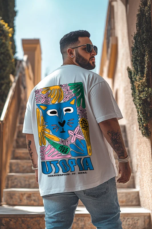 Men's Shirts with Hidden PocketsUtopia White Oversized Back Graphic Plus Size Printed Tshirt Men's Shirts with Hidden PocketsUtopia White Oversized Back Graphic Plus Size Printed Tshirt