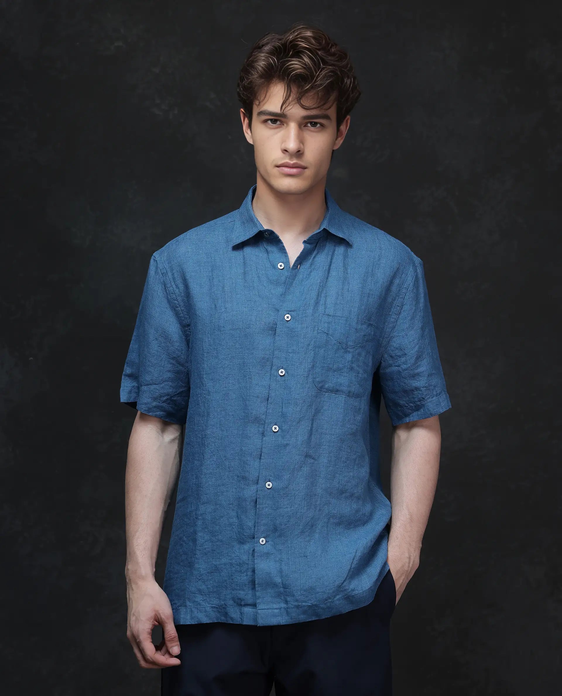 Men's Cufflink-Ready Shirts for Formal EventsRare Rabbit Men Borium Ss-25 Dark Blue Linen Fabric Half Sleeve Regular Collared Button Closure Regular Fit Plain Shirt Men's Cufflink-Ready Shirts for Formal EventsRare Rabbit Men Borium Ss-25 Dark Blue Linen Fabric Half Sleeve Regular Collared Button Closure Regular Fit Plain Shirt