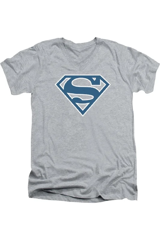 Men's Shirts with Rounded HemlinesSuperman Blue & White Shield Short Sleeve Adult V Neck Tee / T-Shirt Men's Shirts with Rounded HemlinesSuperman Blue & White Shield Short Sleeve Adult V Neck Tee / T-Shirt