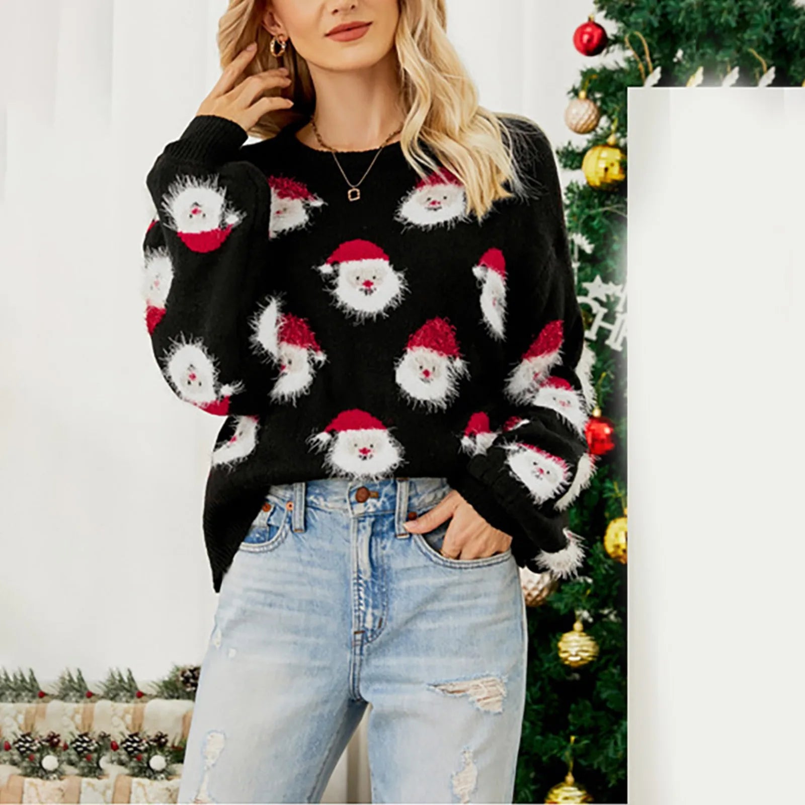 Men's Sweaters with Ribbed HemsCute Cozy Warm Festive Comfortable Casual Fleece Knitted Santa Head Crewneck Pullover Sweater