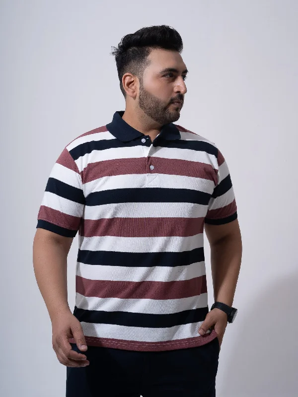 Men's Shirts with Single-Breasted DesignsMaroon White Navy Striped Polo T-shirt