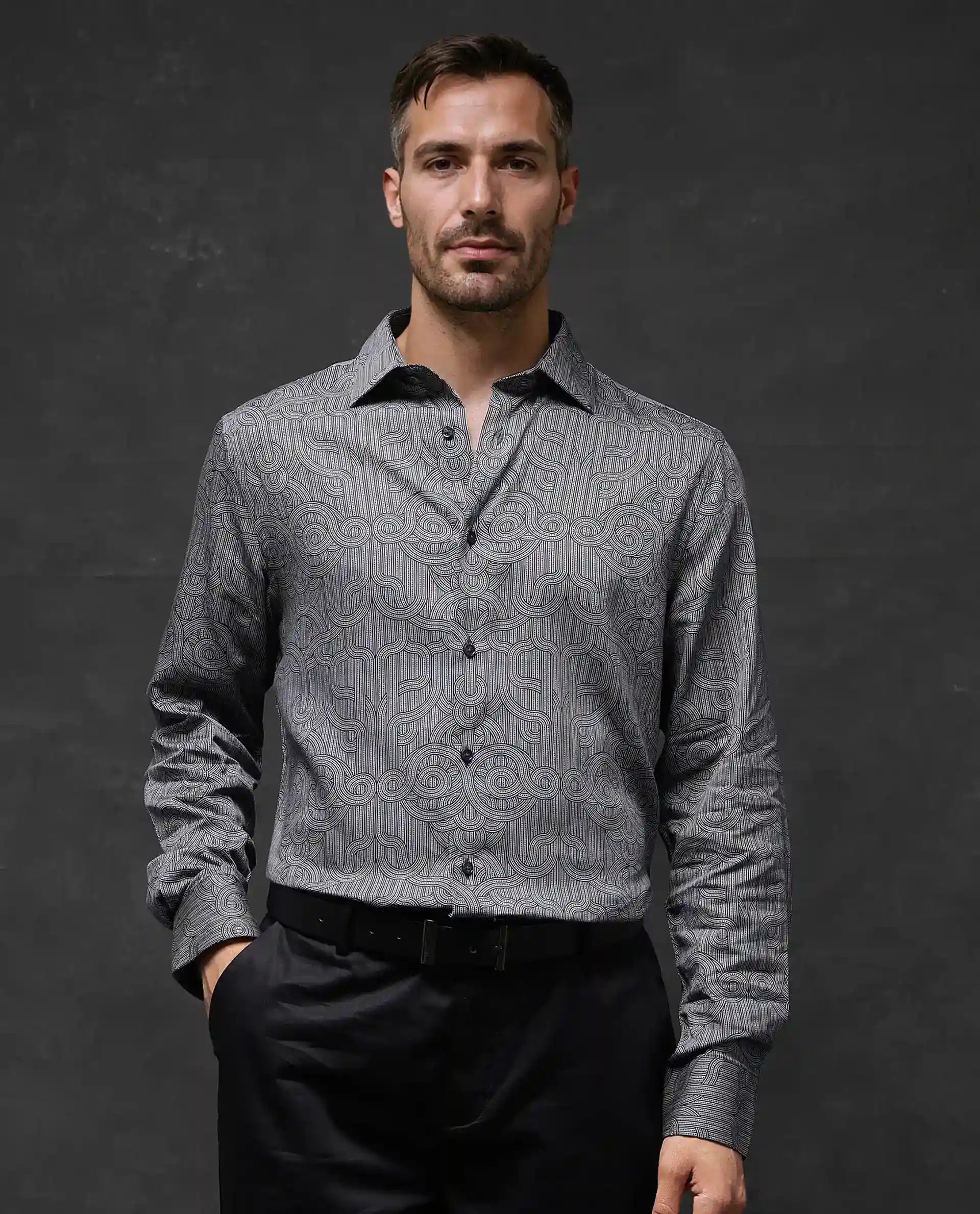 Men's Big and Tall Shirts for Added ComfortRare Rabbit Men Orly Dark Grey Full Sleeve Regular Collar Button Closure Regular Fit Decorative Print Shirt Men's Big and Tall Shirts for Added ComfortRare Rabbit Men Orly Dark Grey Full Sleeve Regular Collar Button Closure Regular Fit Decorative Print Shirt