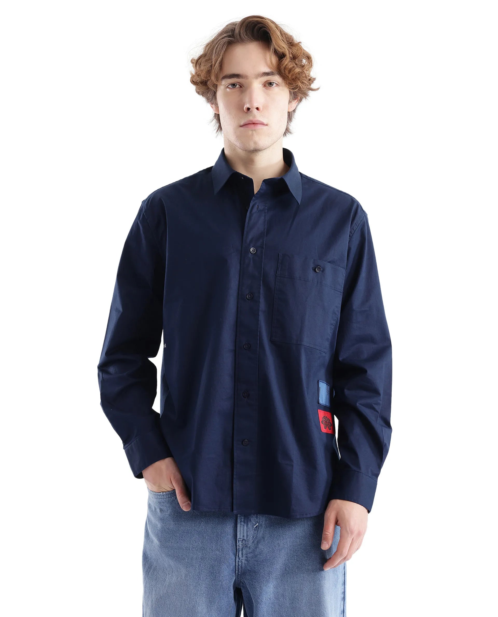 Men's Organic Cotton Shirts for Eco-ConsciousnessRare Rabbit Men's Leif Navy Cotton Fabric Full Sleeve Label Badge Solid Shirt Men's Organic Cotton Shirts for Eco-ConsciousnessRare Rabbit Men's Leif Navy Cotton Fabric Full Sleeve Label Badge Solid Shirt