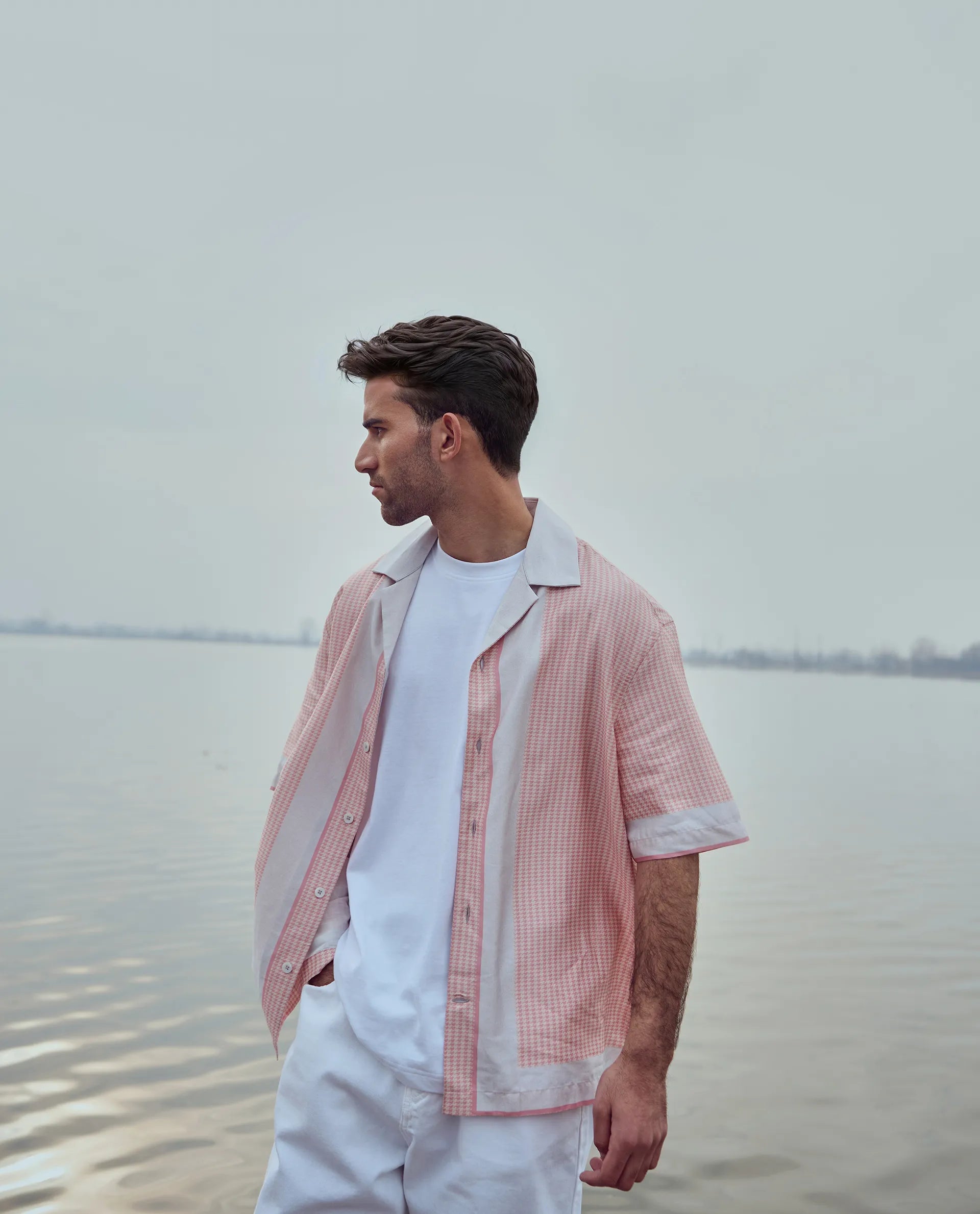 Men's Golf Shirts for On-Course StyleRare Rabbit Men Velix Light Pink Cotton Modal Fabric Cuban Collared Boxy Fit Houndstooth Print Shirt Men's Golf Shirts for On-Course StyleRare Rabbit Men Velix Light Pink Cotton Modal Fabric Cuban Collared Boxy Fit Houndstooth Print Shirt