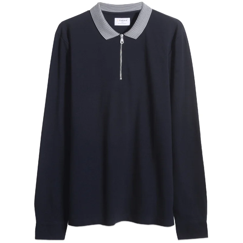Men's Shirts for CampingFarah Vancouver Long Sleeve Striped Collar Zip Polo - True Navy