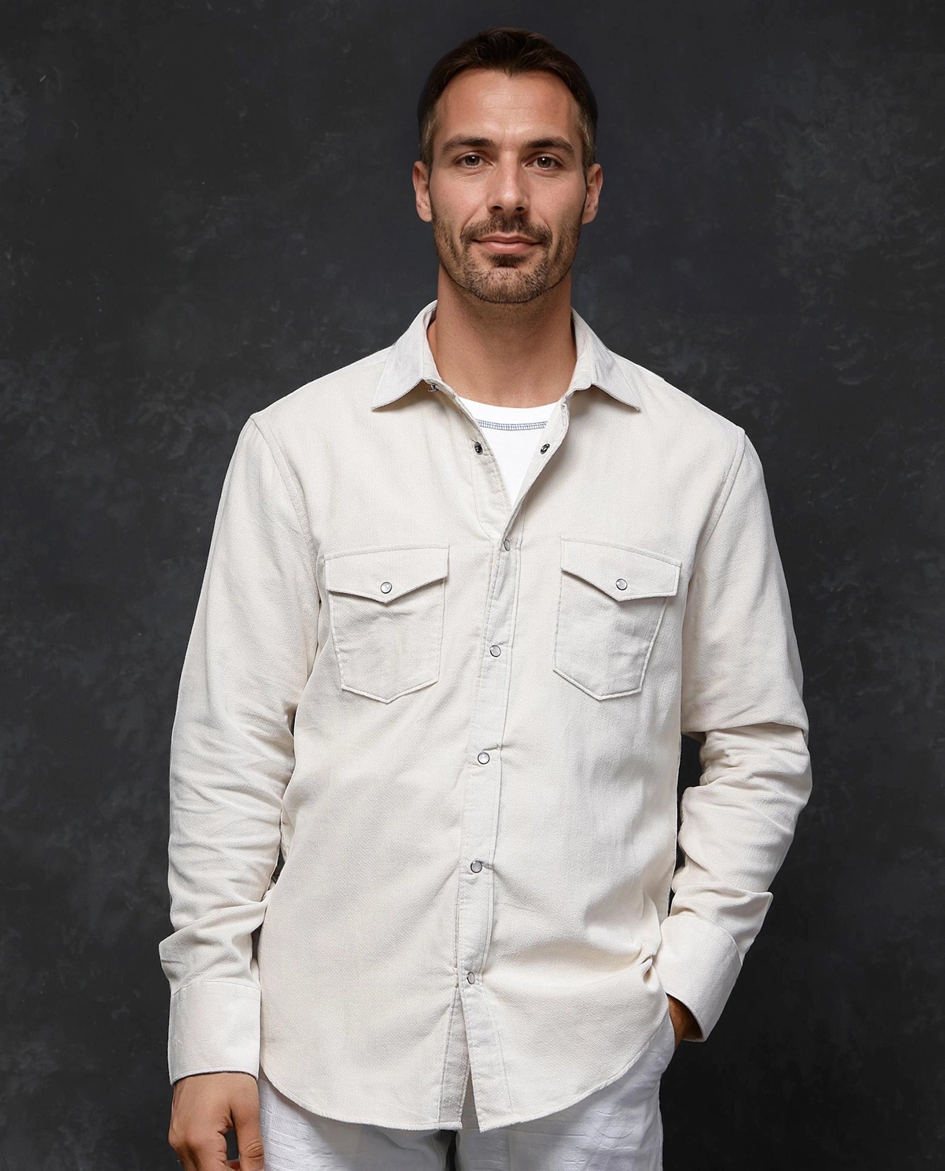 Durable Men's Work ShirtsRare Rabbit Men Cordin-2 Beige Full Sleeve Regular Collared Button Closure Double Pocketed Regular Fit Velveteen Shirt