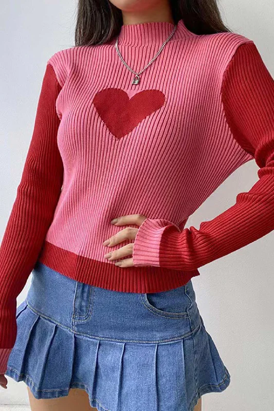 Men's Sweaters with Cable PatternsContrast Mock Neck Heart Graphic Ribbed Knit Tops