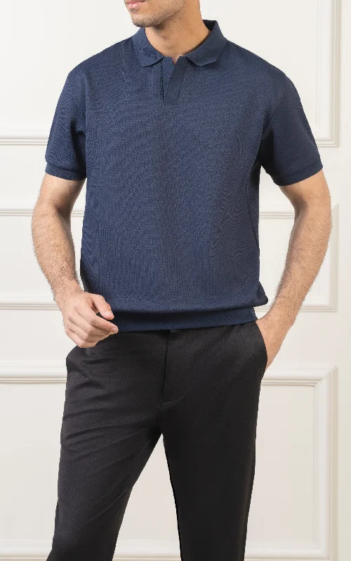 Men's Shirts for Outdoor ActivitiesSOLID COLLAR V NECK POLO NAVY