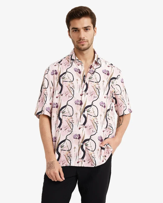 Men's Moisture-Wicking Shirts for All-Day ComfortRare Rabbit Men's Rigel Pastel Peach Viscose Fabric Short Sleeve Boxy Fit Floral Print Shirt