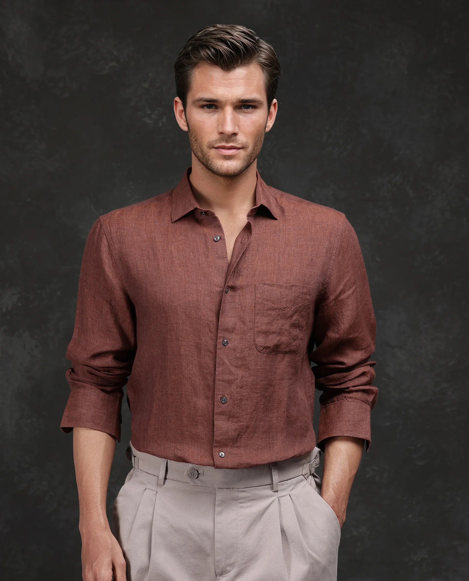 Men's Oxford Shirts for a Preppy StyleRare Rabbit Men Borium Ls-25 Brown Linen Fabric Regular Fit Full Sleeve Spread Collar Plain Shirt Men's Oxford Shirts for a Preppy StyleRare Rabbit Men Borium Ls-25 Brown Linen Fabric Regular Fit Full Sleeve Spread Collar Plain Shirt
