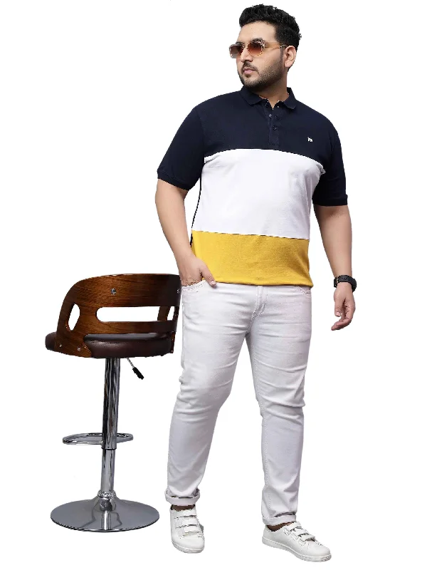 Men's Shirts with Full PlacketsYellow Triple Striped Plus Size Polo T-shirt-3XL