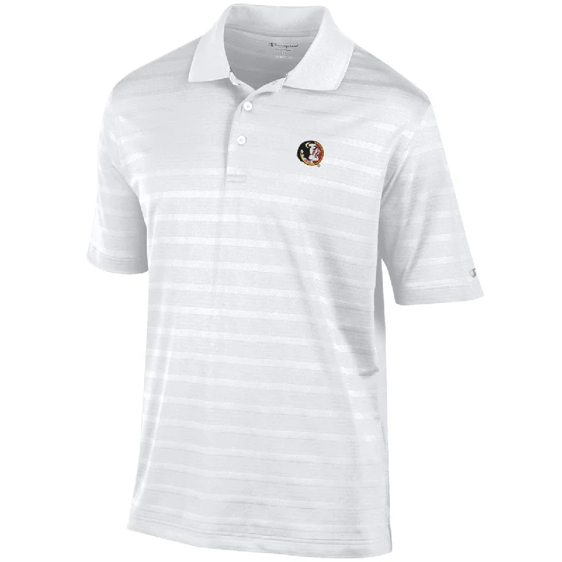 Men's Shirts with Patchwork PatternsChampion Men's Vault Seminole Logo Textured Polo - White Men's Shirts with Patchwork PatternsChampion Men's Vault Seminole Logo Textured Polo - White