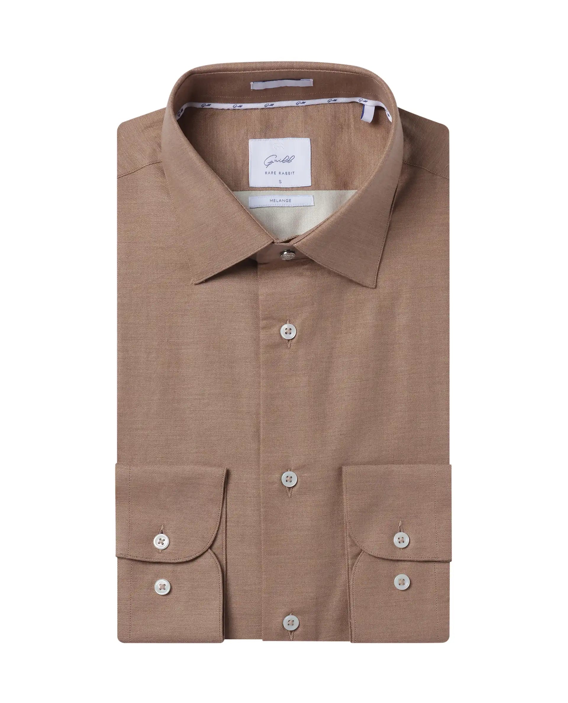 Men's Collared Shirts for Formal OccasionsRare Rabbit Men Forde Dusky Peach Cotton Melange Fabric Full Sleeve Regular Fit Solid Shirt
