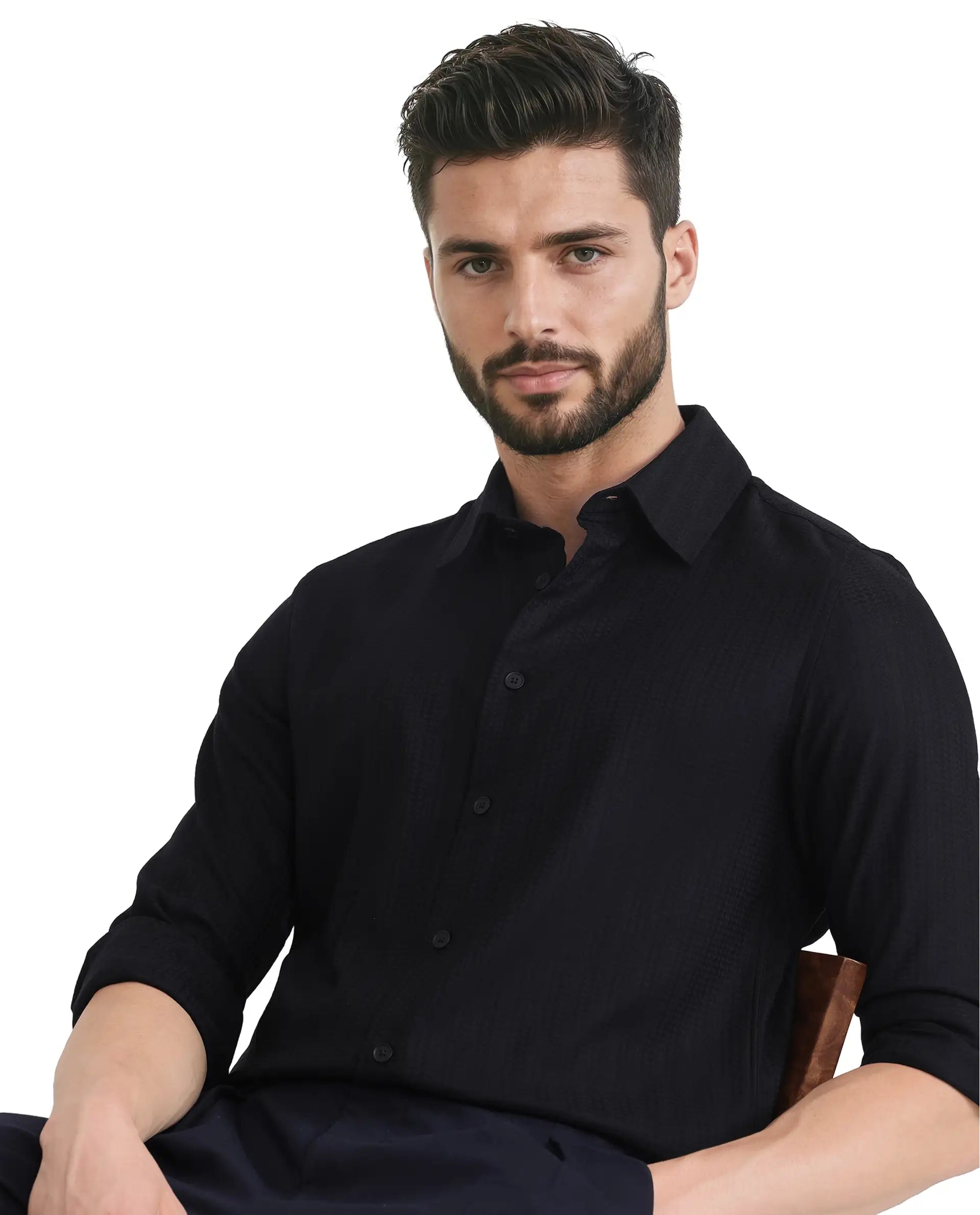 Men's Patterned Dress Casual Shirts for Smart-Casual EventsRare Rabbit Men's Hon Black Cotton Fabric Full Sleeve Regular Collared Button Closure Dobby Shirt