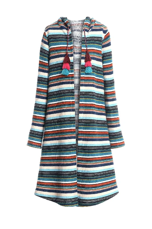 Men's Sweaters with Stand-Up CollarsBig Girls Striped Knit Long Hoodie Cardigan