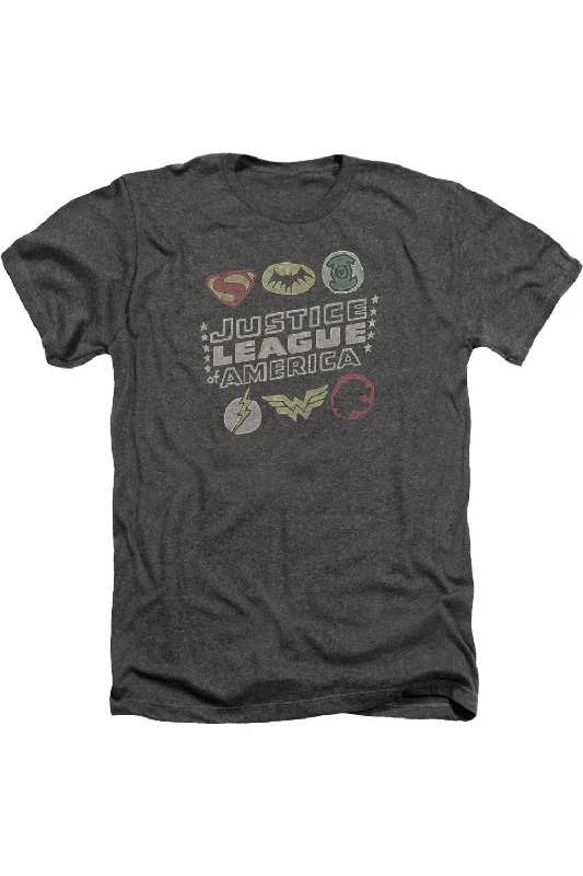 Men's Shirts with Short PlacketsJustice League of America Symbols Adult Heather Tee / T-Shirt Men's Shirts with Short PlacketsJustice League of America Symbols Adult Heather Tee / T-Shirt