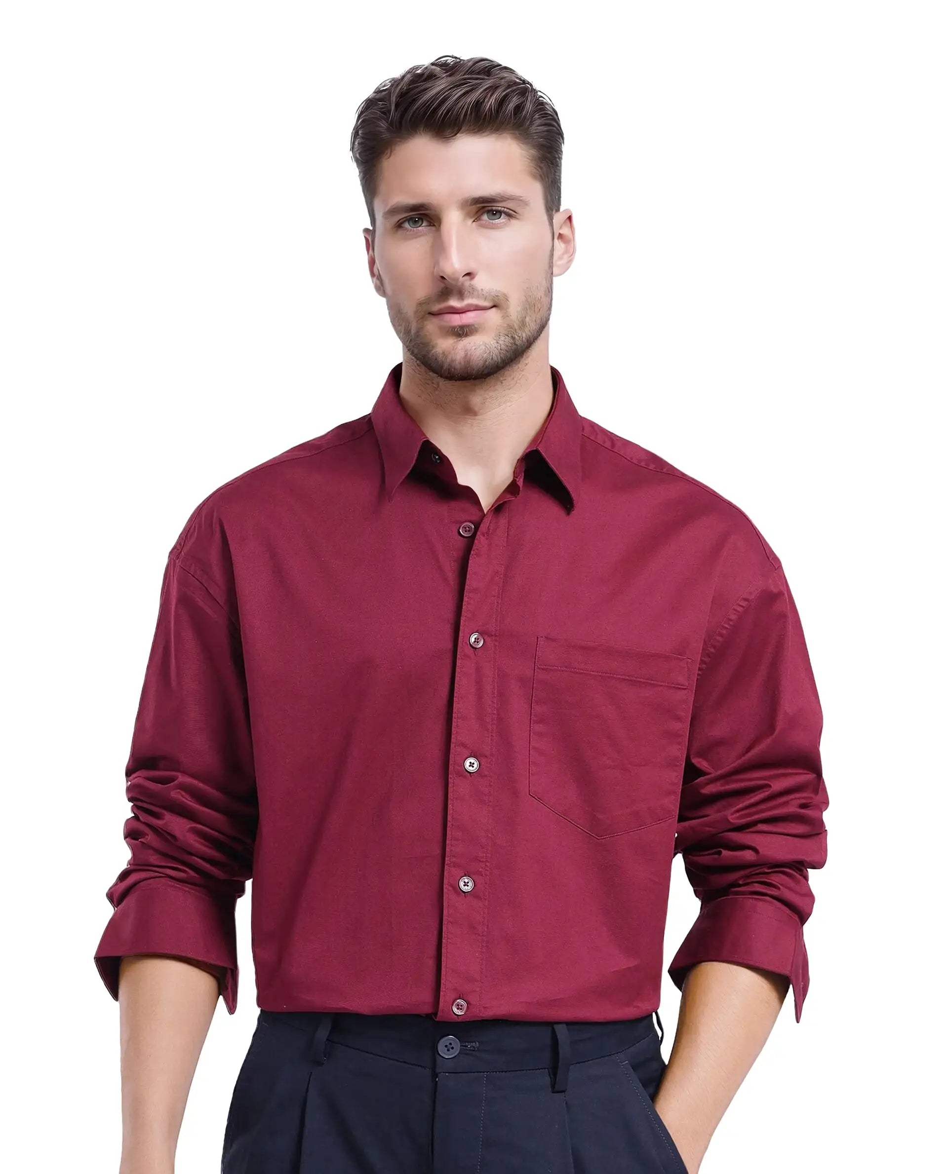 Men's Logo T-Shirts for Brand RepresentationRare Rabbit Men Lewi Maroon Full Sleeve Collared Neck Boxy Fit Plain Shirt Men's Logo T-Shirts for Brand RepresentationRare Rabbit Men Lewi Maroon Full Sleeve Collared Neck Boxy Fit Plain Shirt