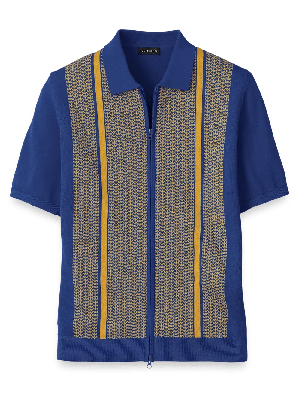 Men's Casual Shirts for Everyday WearCotton Full Zip Polo - Cobalt/yellow