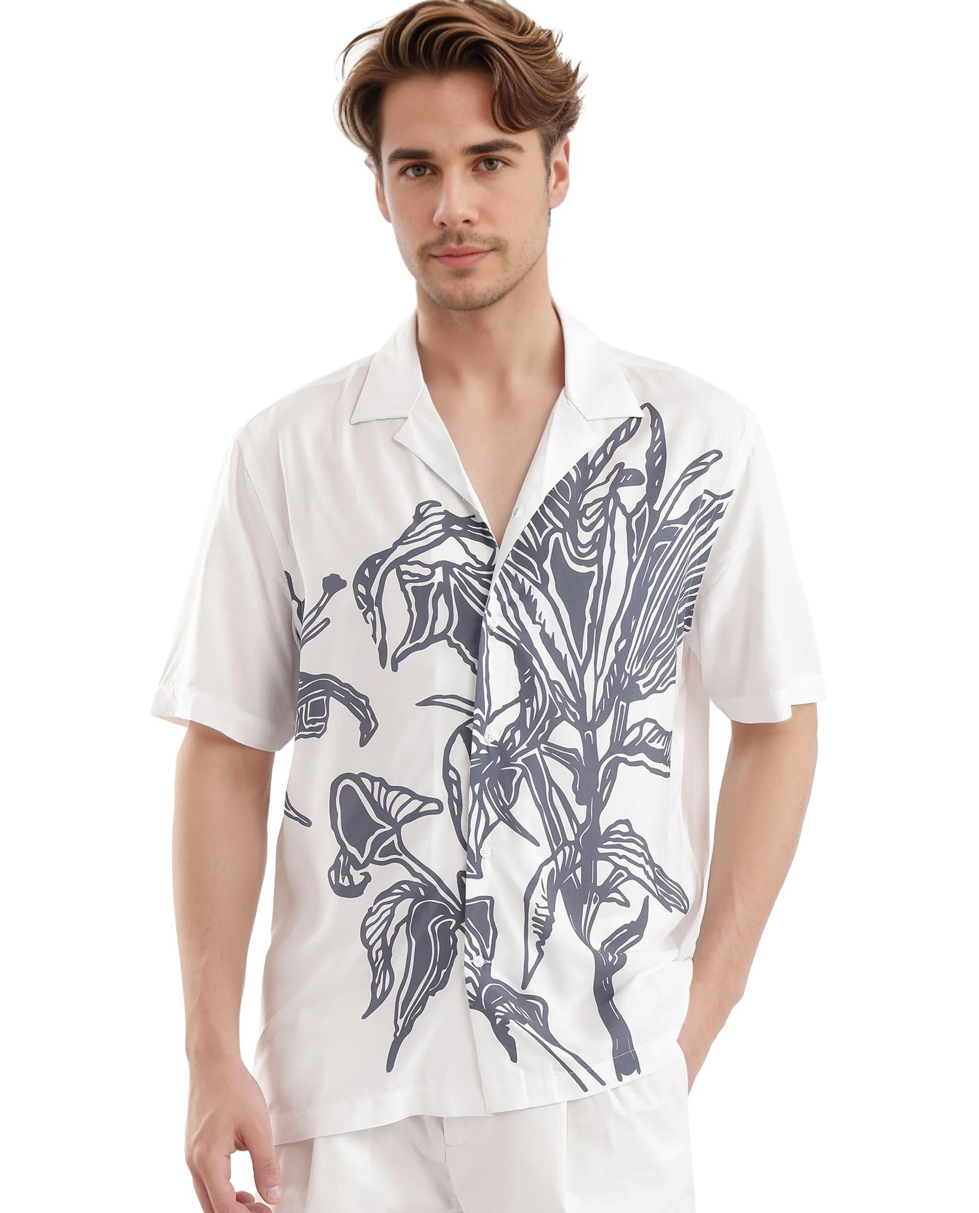 Men's Patterned Button-Down Shirts for Added InterestRare Rabbit Men's Elan White Cotton Fabric Cuban Collared Floral Printed Boxy Fit Shirt