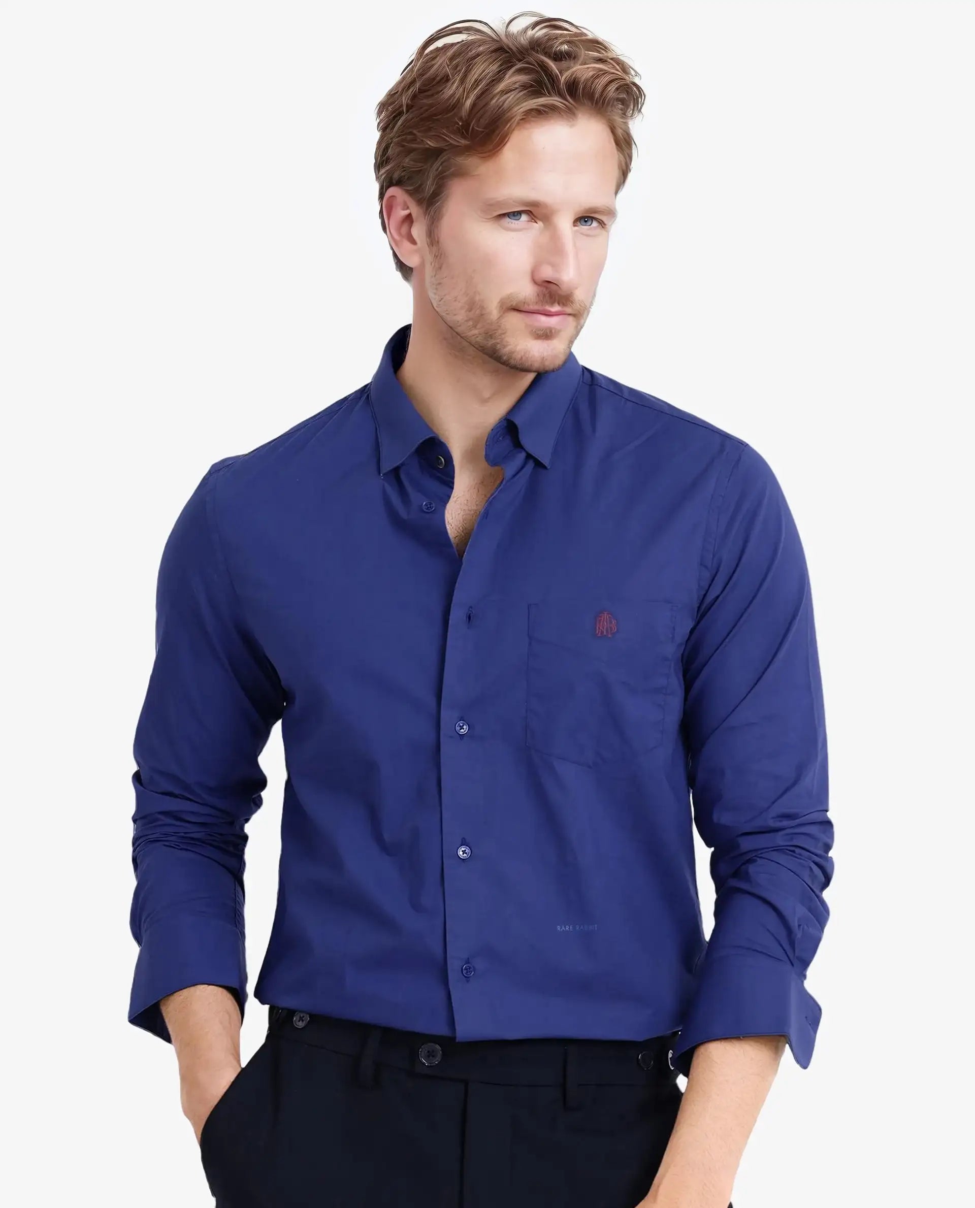 Men's Bold-Color Shirts for a Statement PieceRare Rabbit Men Harmin Pastel Dark Blue Cotton Fabric Full Sleeve Regular Fit Embroidered Logo Plain Poplin Shirt Men's Bold-Color Shirts for a Statement PieceRare Rabbit Men Harmin Pastel Dark Blue Cotton Fabric Full Sleeve Regular Fit Embroidered Logo Plain Poplin Shirt