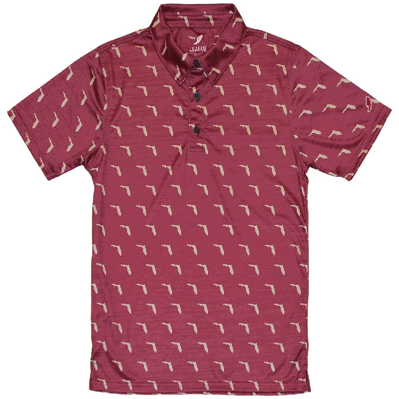 Men's Shirts with Button-Down PocketsLeague Men's Vault State of Florida Design Sublimated Polo - Garnet Men's Shirts with Button-Down PocketsLeague Men's Vault State of Florida Design Sublimated Polo - Garnet