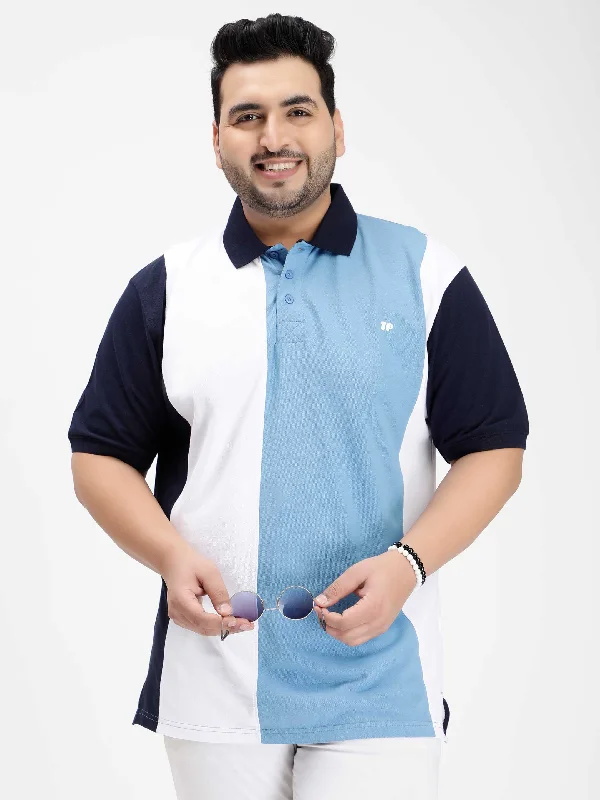 Men's Shirts with Patchwork SleevesLight Blue Color Block Plus Size Polo T-shirt