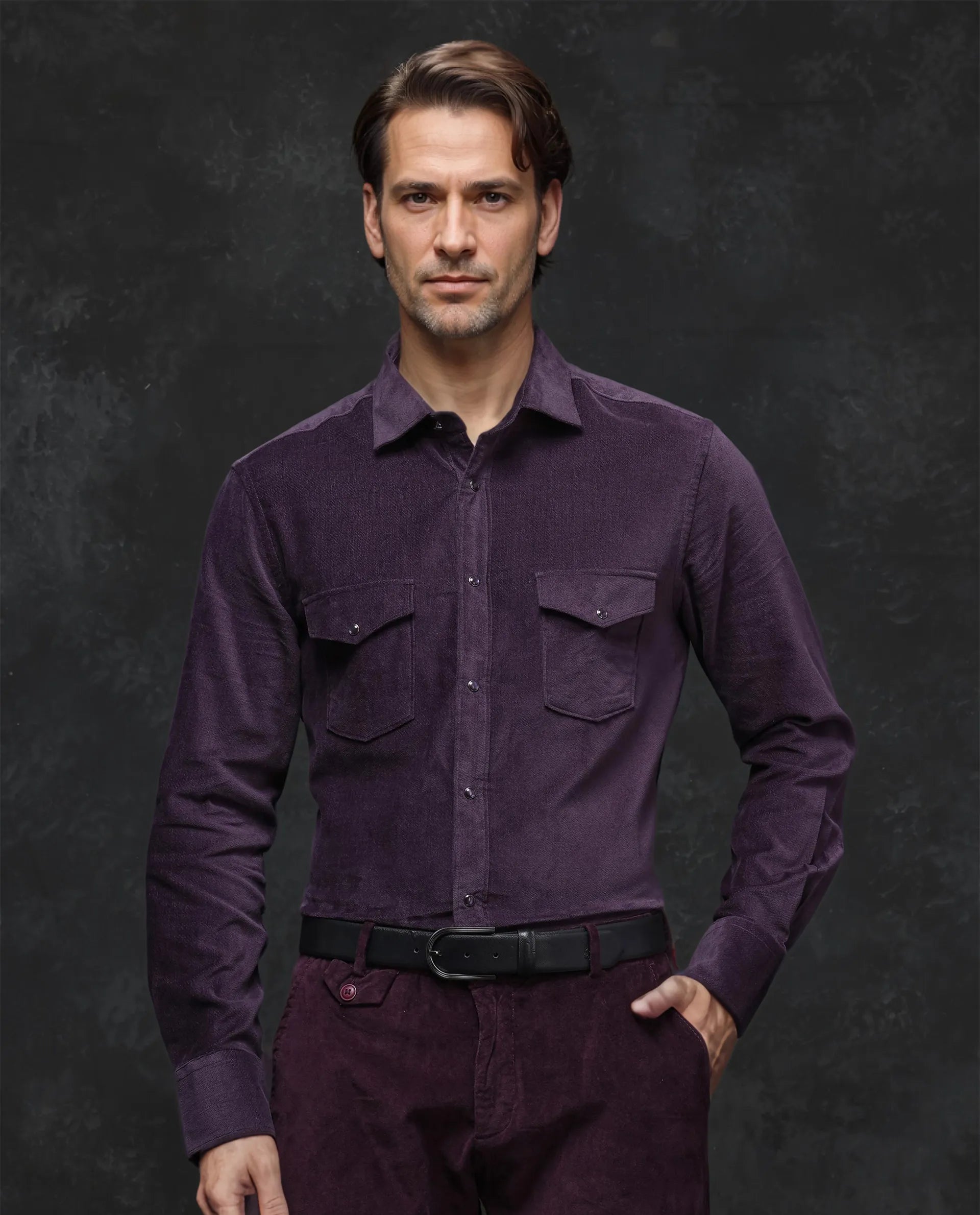 Men's Plaid Shirts for a Country CharmRare Rabbit Men Cordin-2 Dusky Purple Full Sleeve Regular Collared Button Closure Double Pocketed Regular Fit Velveteen Shirt
