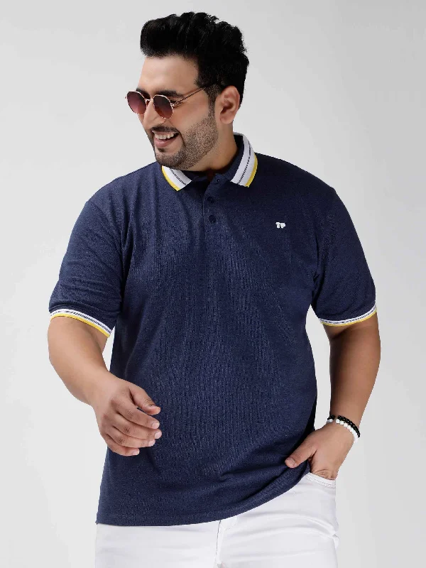 Men's Shirts with Patchwork PatternsSeamless Stitch Navy Blue Melange Plus Size Polo T-shirt