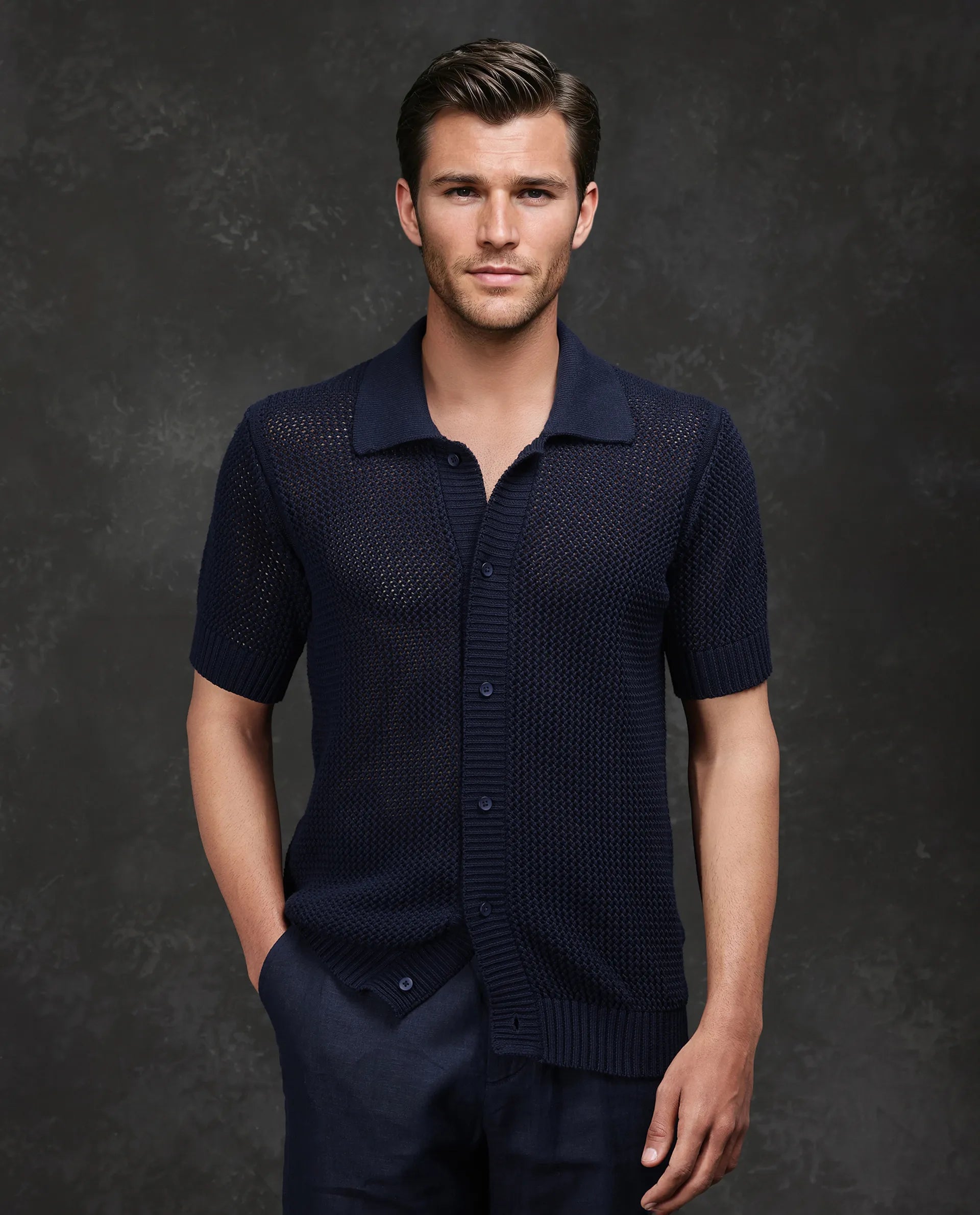 Men's Striped Shirts for a Maritime TwistRare Rabbit Men Hao Navy Cotton Fabric Short Sleeve Spread Collar Plain Knitted Shirt Men's Striped Shirts for a Maritime TwistRare Rabbit Men Hao Navy Cotton Fabric Short Sleeve Spread Collar Plain Knitted Shirt