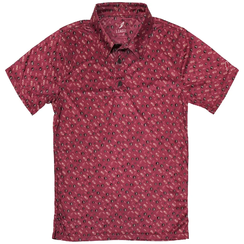 Men's Shirts with Graphic PrintsLeague Men's FSU Multi Logo All Over Design Sublimated Polo - Garnet Men's Shirts with Graphic PrintsLeague Men's FSU Multi Logo All Over Design Sublimated Polo - Garnet