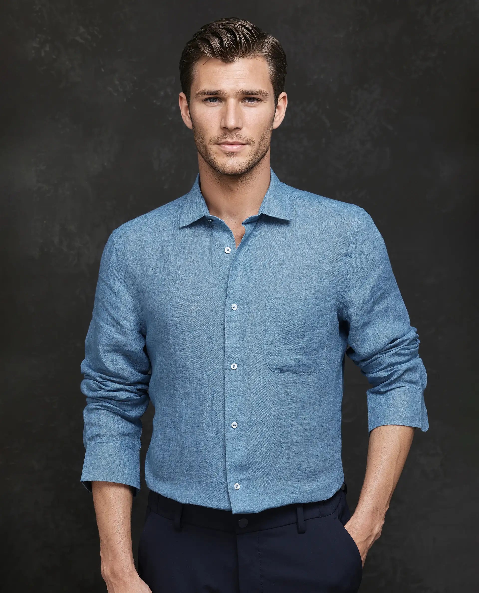 Comfortable Men's Flannel ShirtsRare Rabbit Men Borium Ls-25 Dusky Blue Linen Fabric Full Sleeve Spread Collar Button Closure Plain Shirt