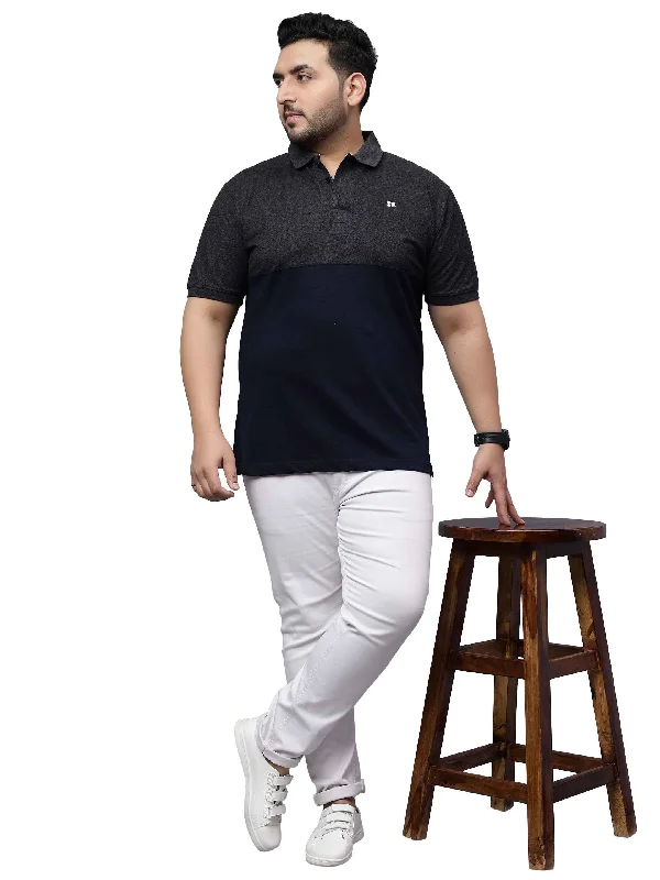 Men's Shirts with High NecksGrey Melange and Navy Striped Plus Size Polo T-shirt