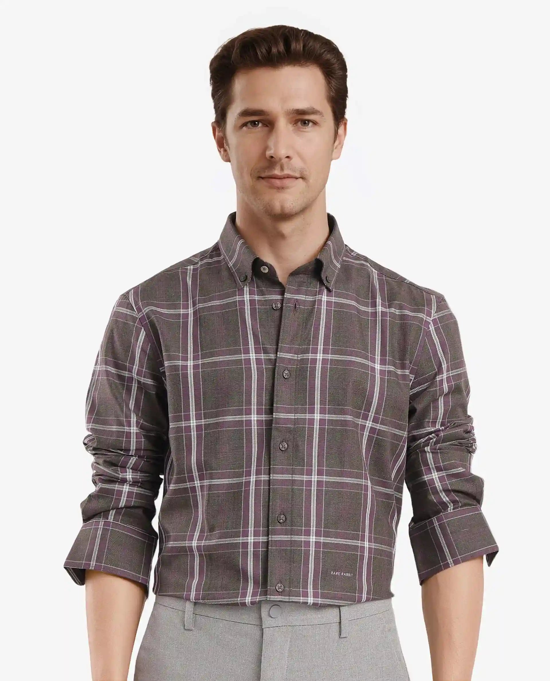 Men's Floral Print Shirts for Spring and SummerRare Rabbit Men Cordy Dark Olive Full Sleeve Cotton Fabric Regular Fit Checks Shirt
