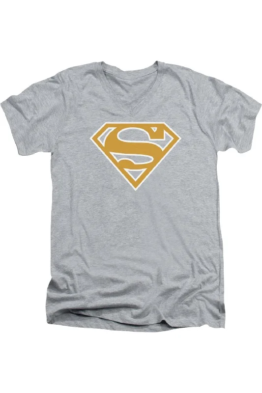 Men's Shirts with Drawstring WaistbandsSuperman Lt Orange & White Shield Short Sleeve Adult V Neck Tee / T-Shirt Men's Shirts with Drawstring WaistbandsSuperman Lt Orange & White Shield Short Sleeve Adult V Neck Tee / T-Shirt