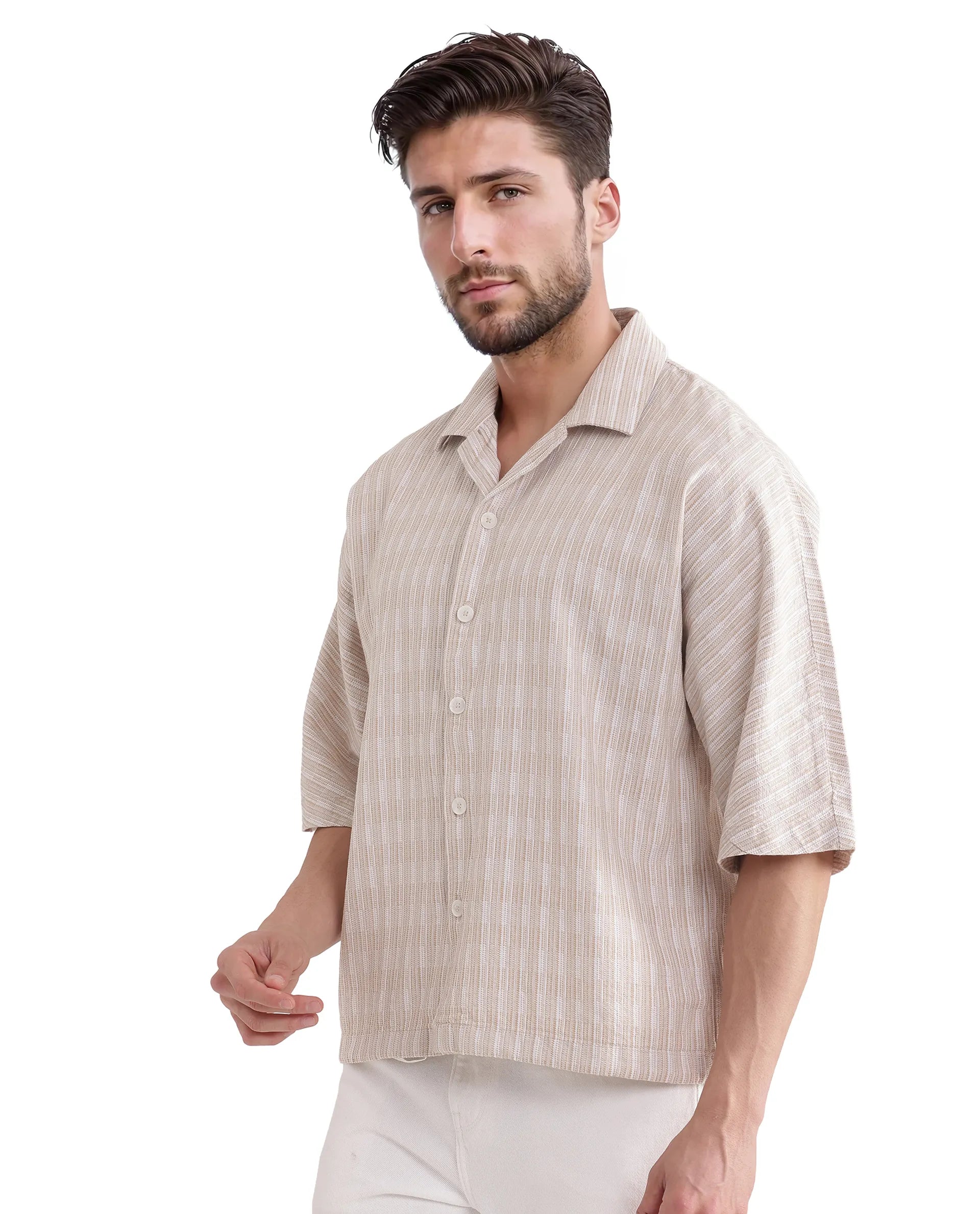 Men's Checkered Shirts for a Retro FeelRare Rabbit Men's Ruto Light Beige Cotton Fabric Short Sleeve Cuban Collared Button Closure Textured Stripe Shirt