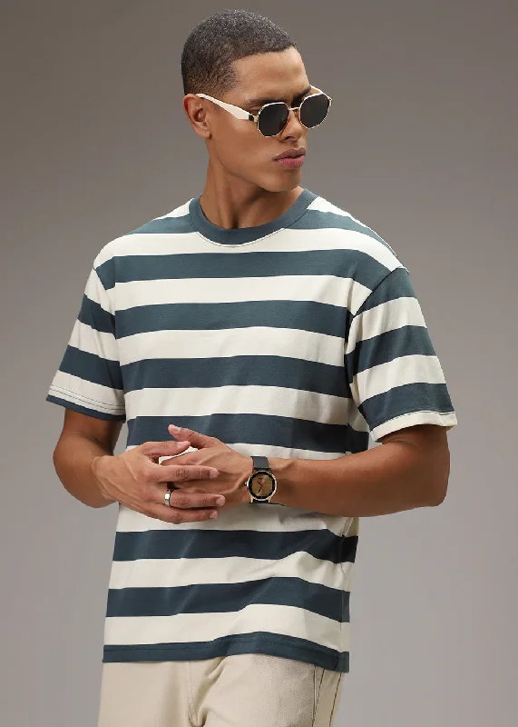 Men's Three-Quarter Sleeved TopsGreen And Cream Striped T-shirt
