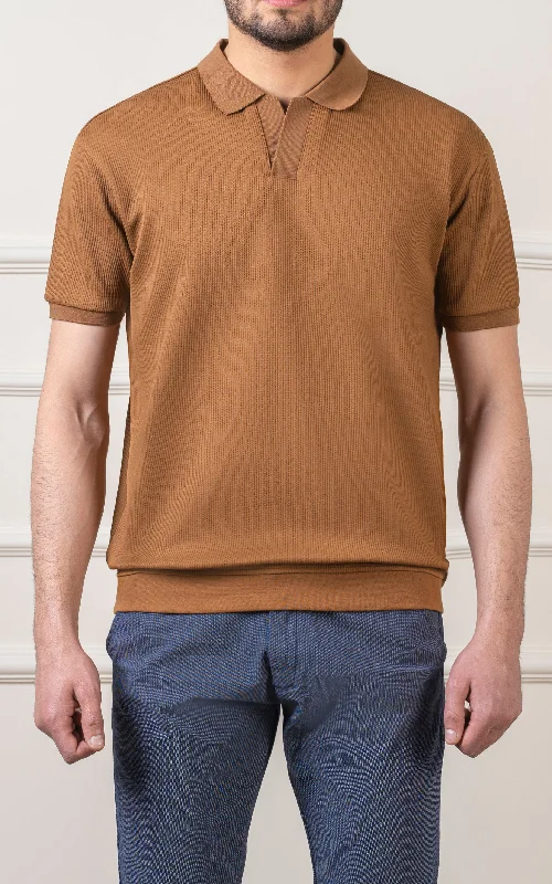 Men's Shirts with Single-Breasted DesignsSOLID COLLAR V NECK POLO COFFEE