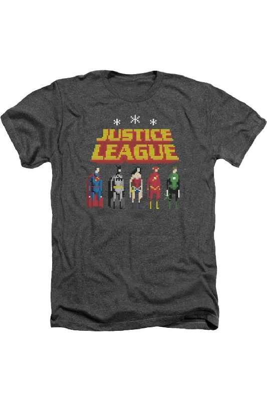 Men's Three-Quarter Sleeved TopsJustice League of America Standing Below Adult Heather Tee / T-Shirt Men's Three-Quarter Sleeved TopsJustice League of America Standing Below Adult Heather Tee / T-Shirt