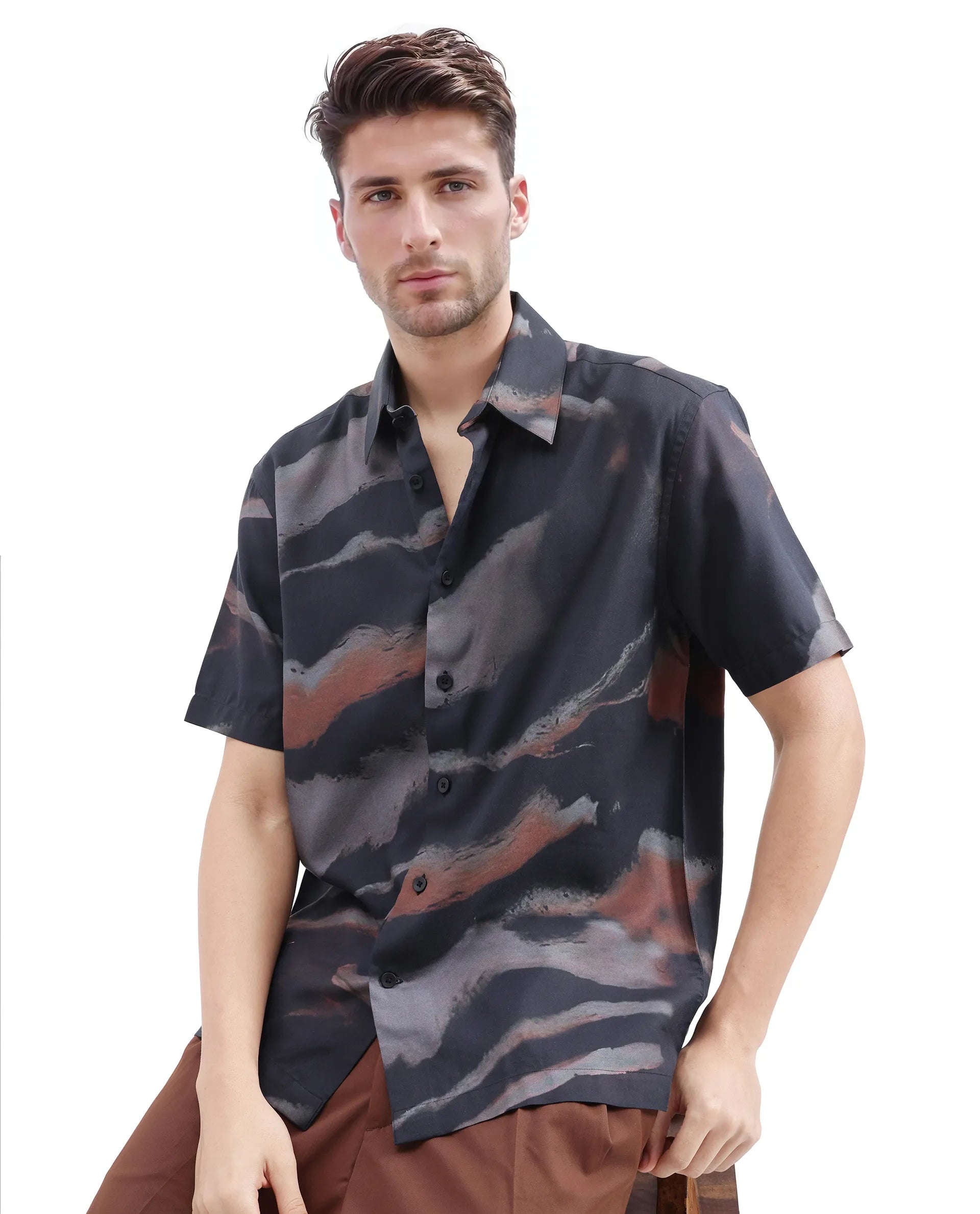 Men's Bamboo Fiber Shirts for Softness and BreathabilityRare Rabbit Men Tego Black Cotton Blend Fabric Short Sleeve Cuban Collared Abstract Print Shirt Men's Bamboo Fiber Shirts for Softness and BreathabilityRare Rabbit Men Tego Black Cotton Blend Fabric Short Sleeve Cuban Collared Abstract Print Shirt