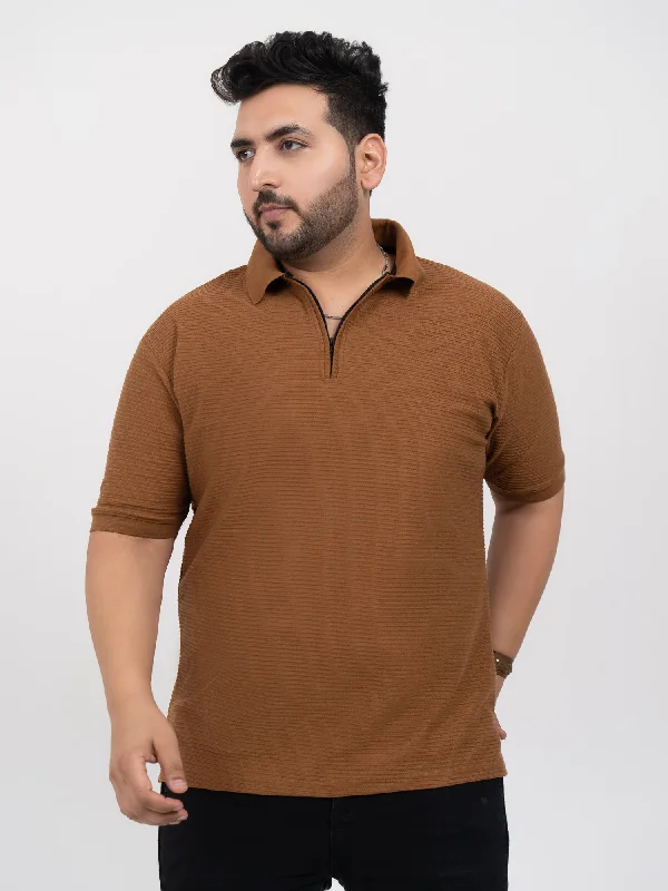Men's Unique and Designer TopsTan Interlock Zipper Knitted Polo T-shirt