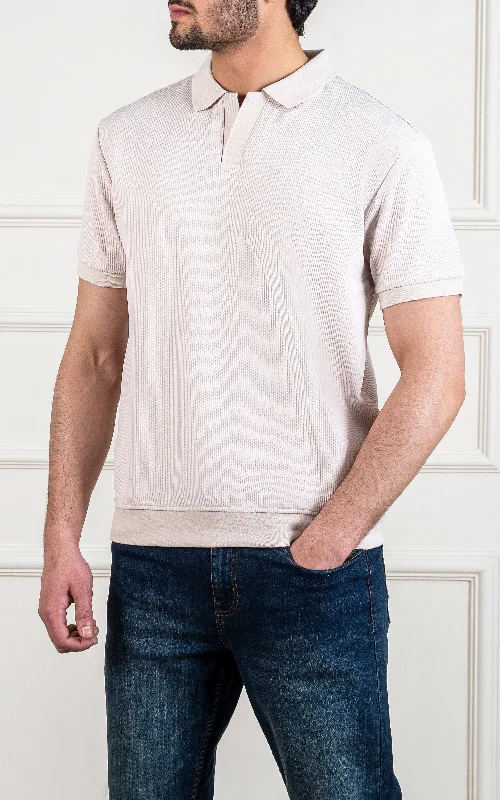 Men's Shirts with Embellished SleevesSOLID COLLAR V NECK POLO BEIGE