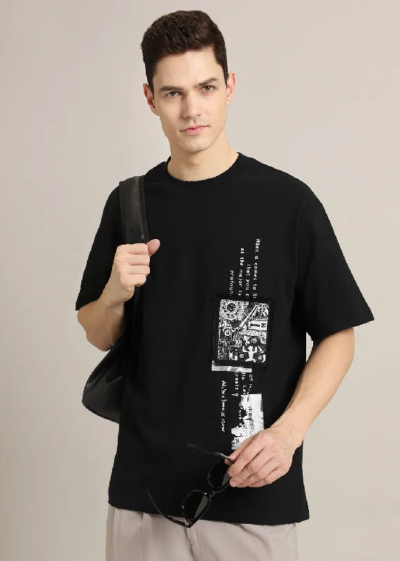 Men's Shirts with Double-Breasted DesignsBlack Applique Printed Oversized T-shirt