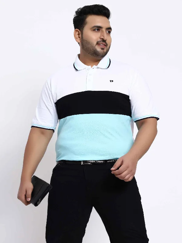 Men's Shirts with Appliqué DetailsSky Blue Triple Striped Plus Size Polo T-shirt
