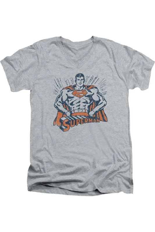 Men's Shirts with Hook-and-Loop ClosuresSuperman Vintage Stance Short Sleeve Adult V Neck Premium Cotton Tee / T-Shirt