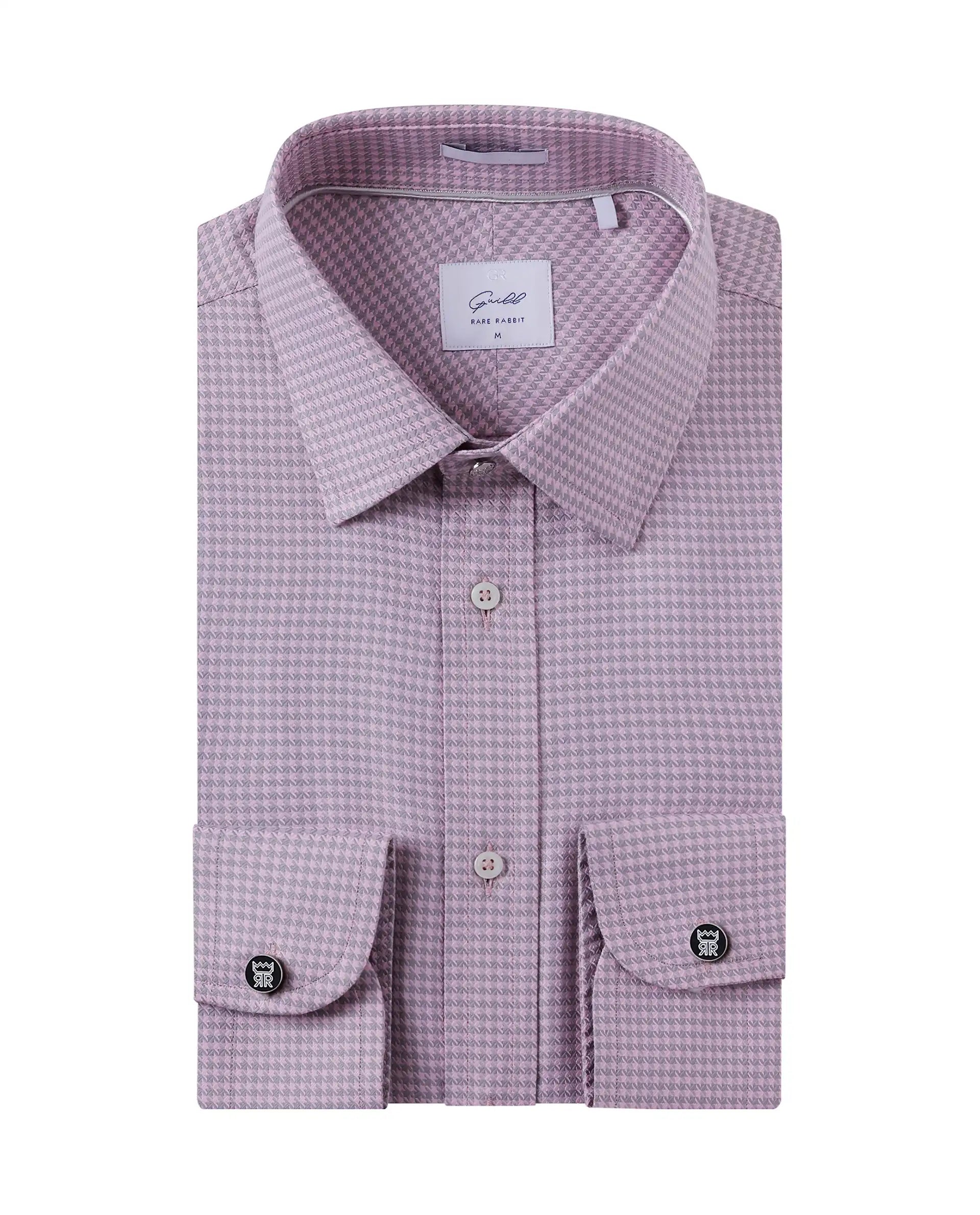 Men's Graphic Print T-Shirts for a Statement LookRare Rabbit Men Tucky Light Pink Cotton Blend Fabric Full Sleeve Regular Fit Houndstooth Print Cufflinked Premium Business Shirt