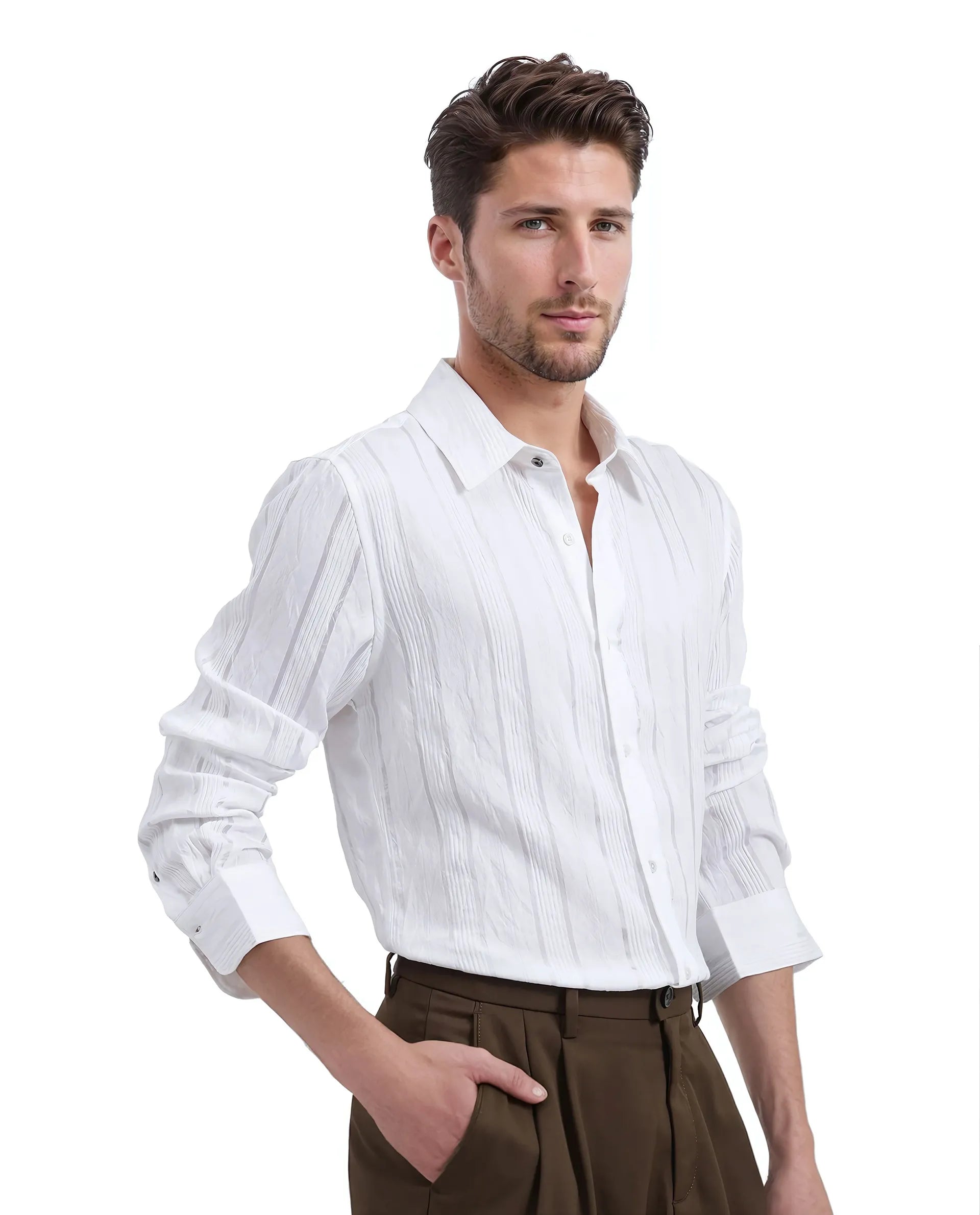 Men's Logo T-Shirts for Brand RepresentationRare Rabbit Men Benon White Viscose Nylon Fabric Full Sleeves Regular Fit Textured Stripe Shirt Men's Logo T-Shirts for Brand RepresentationRare Rabbit Men Benon White Viscose Nylon Fabric Full Sleeves Regular Fit Textured Stripe Shirt