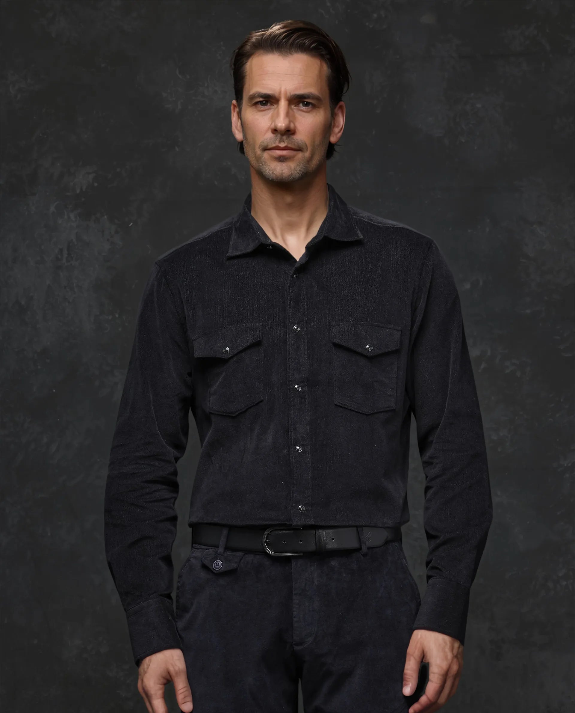Comfortable Men's Flannel ShirtsRare Rabbit Men Cordin-2 Black Full Sleeve Regular Collared Button Closure Double Pocketed Regular Fit Velveteen Shirt
