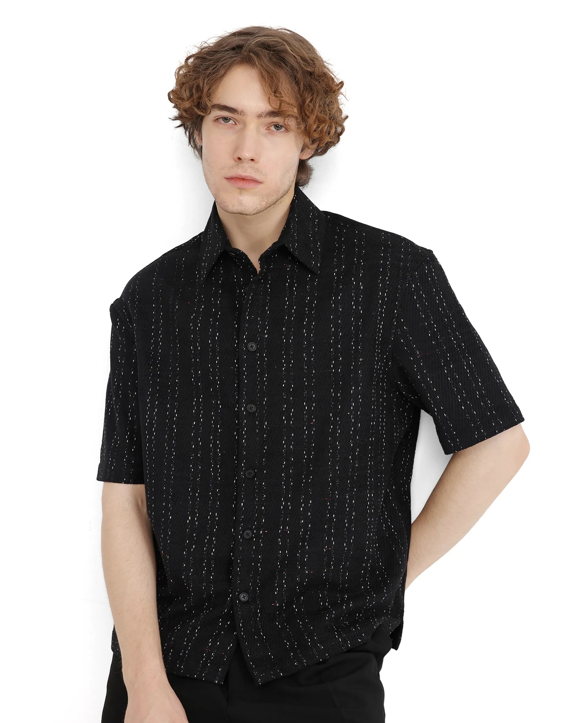 Classic Men's Dress ShirtsRare Rabbit Men's Zhet Navy Cotton Fabric Short Sleeve Collared Neck Button Closure Printed Shirt
