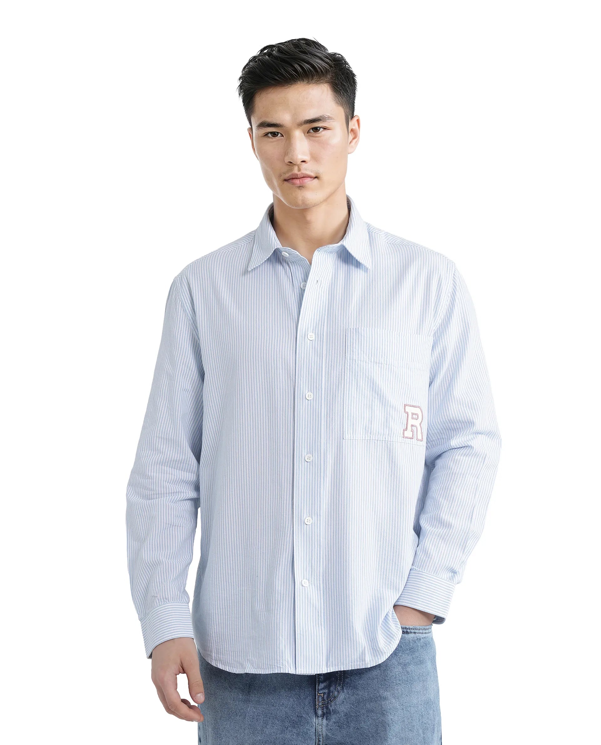 Men's Logo T-Shirts for Brand RepresentationRare Rabbit Men's Leor Blue Cotton Fabric Embroidered Logo Full Sleeve Button Closure Pinstripe Shirt Men's Logo T-Shirts for Brand RepresentationRare Rabbit Men's Leor Blue Cotton Fabric Embroidered Logo Full Sleeve Button Closure Pinstripe Shirt